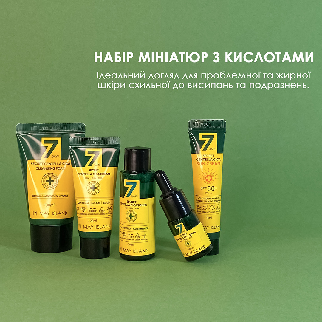 Набор миниатюр с центеллой и кислотами May Island 7 Days Secret Centella Cica Mini Kit Set