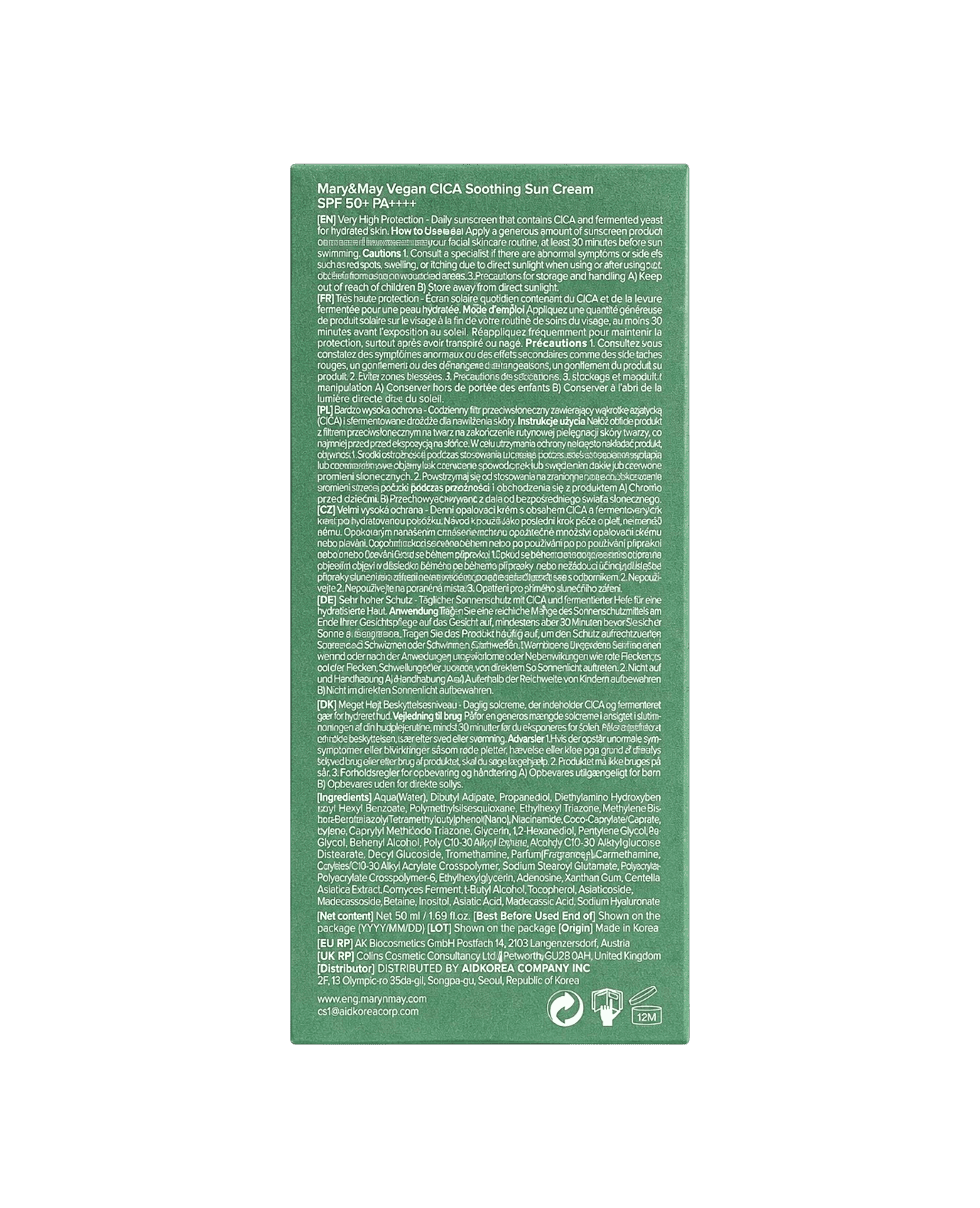 Солнцезащитный крем с центеллой Mary & May Vegan Cica Soothing Sun Cream SPF 50+ PA++++