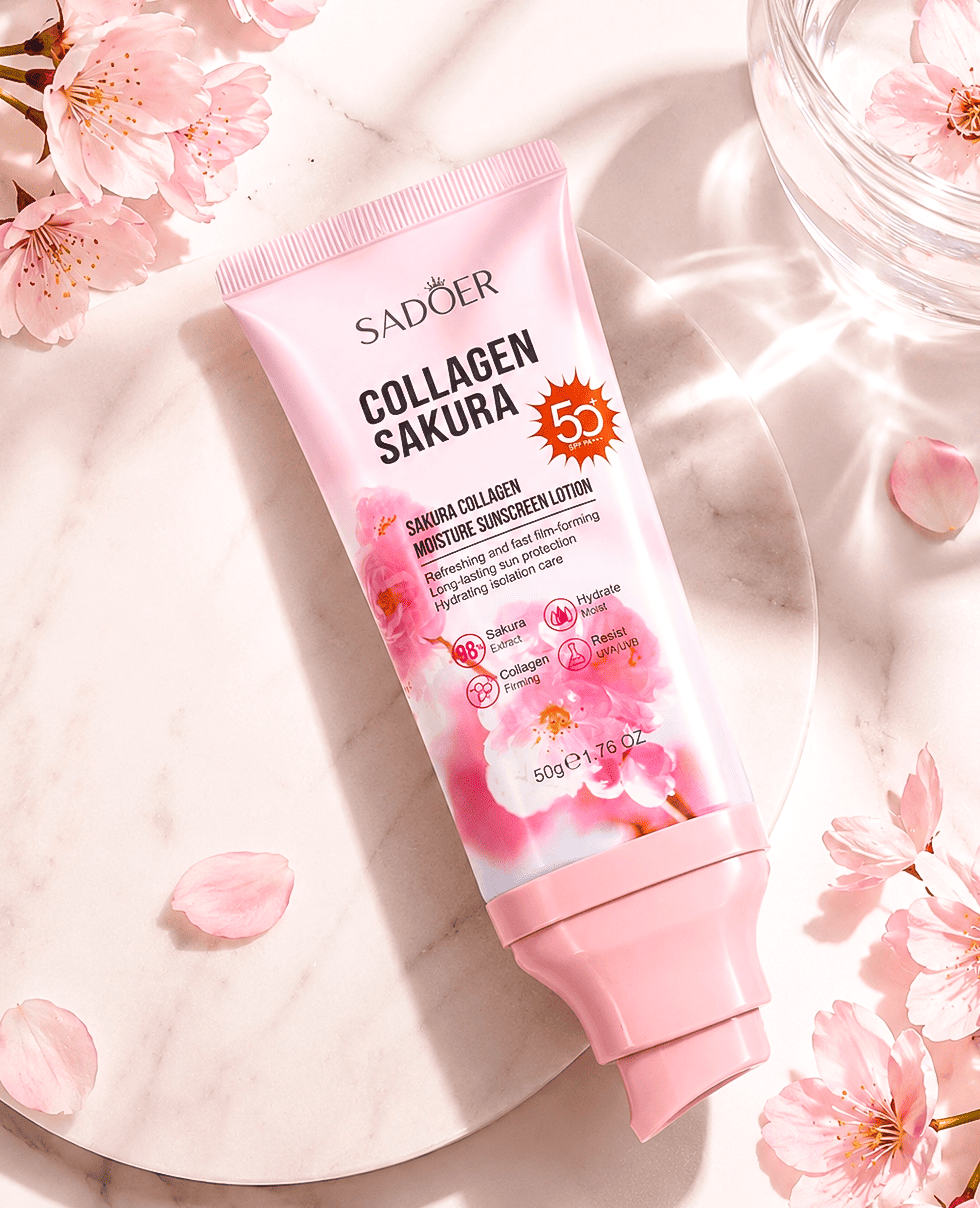 Сонцезахисний крем для обличчя з колагеном та сакурою Sadoer Sakura Collagen Moisture Sunscreen Lotion SPF 50+ PA+++