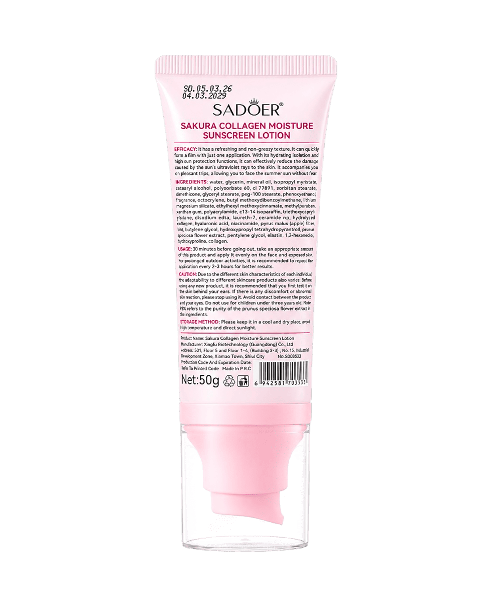 Сонцезахисний крем для обличчя з колагеном та сакурою Sadoer Sakura Collagen Moisture Sunscreen Lotion SPF 50+ PA+++