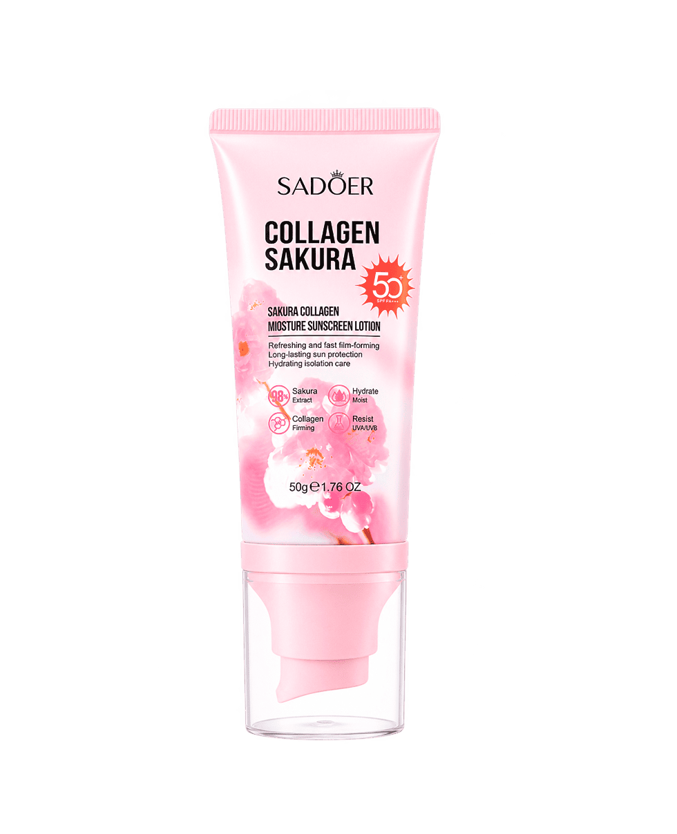 Сонцезахисний крем для обличчя з колагеном та сакурою Sadoer Sakura Collagen Moisture Sunscreen Lotion SPF 50+ PA+++